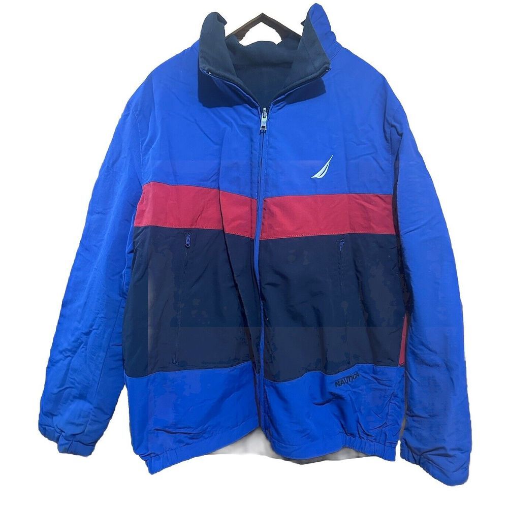 Vintage Nautica Jacket Color Block Red Blue Reversible Zip 2 In 1 Fleece Coat XL
